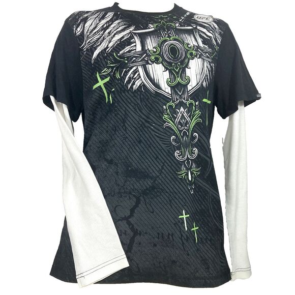 MMA Elite-Sz M-Y2K Affliction Styl-Graphic GothicCeltic Cross-Thermal-Gray/Green - Picture 1 of 16